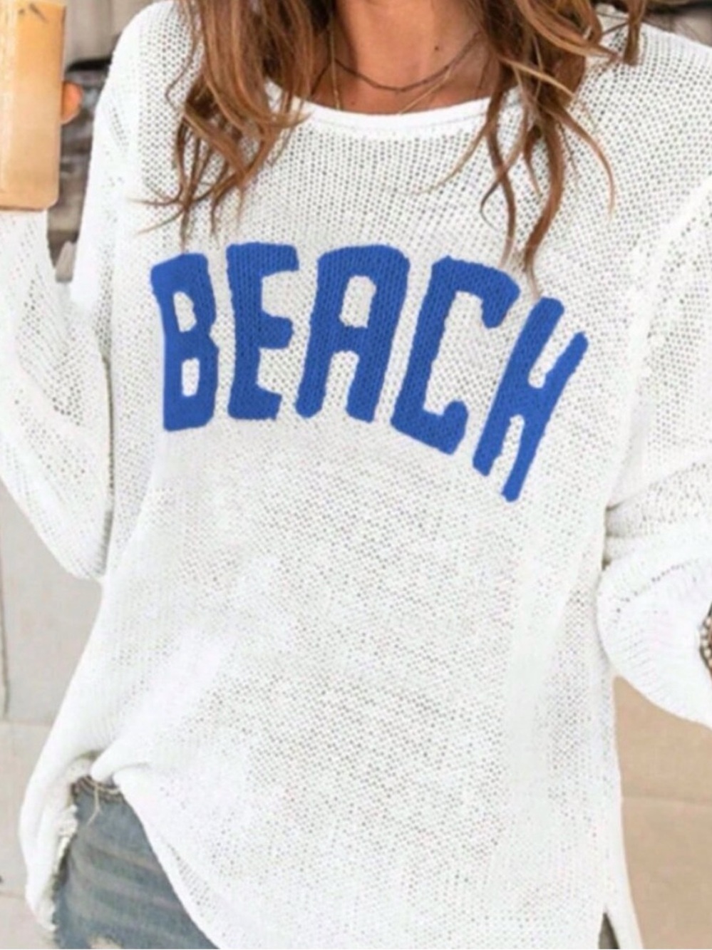 Blue And White Casual Women's Letter Pattern Long Sleeve Loose Knit Sweater